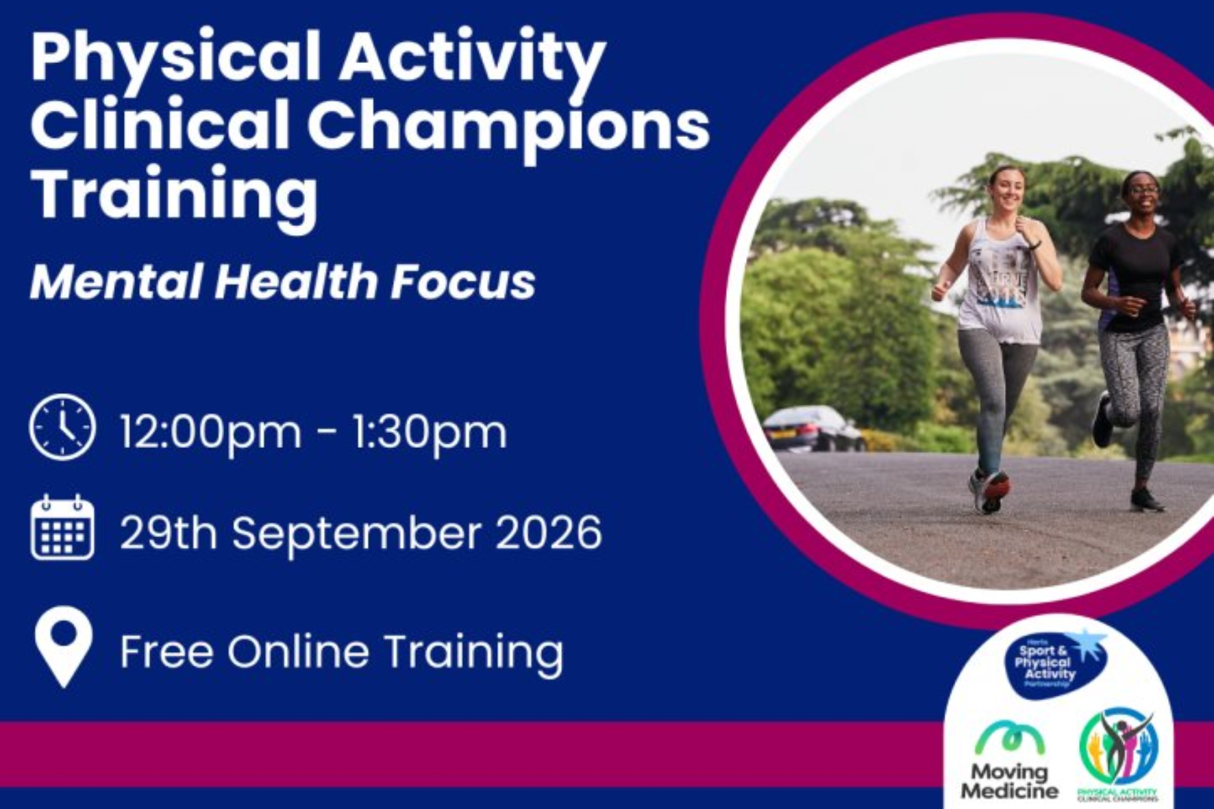 Physical Activity Clinical Champions Training Mental Health Focus 12pm-1:30pm 29th September 2026, free online training.